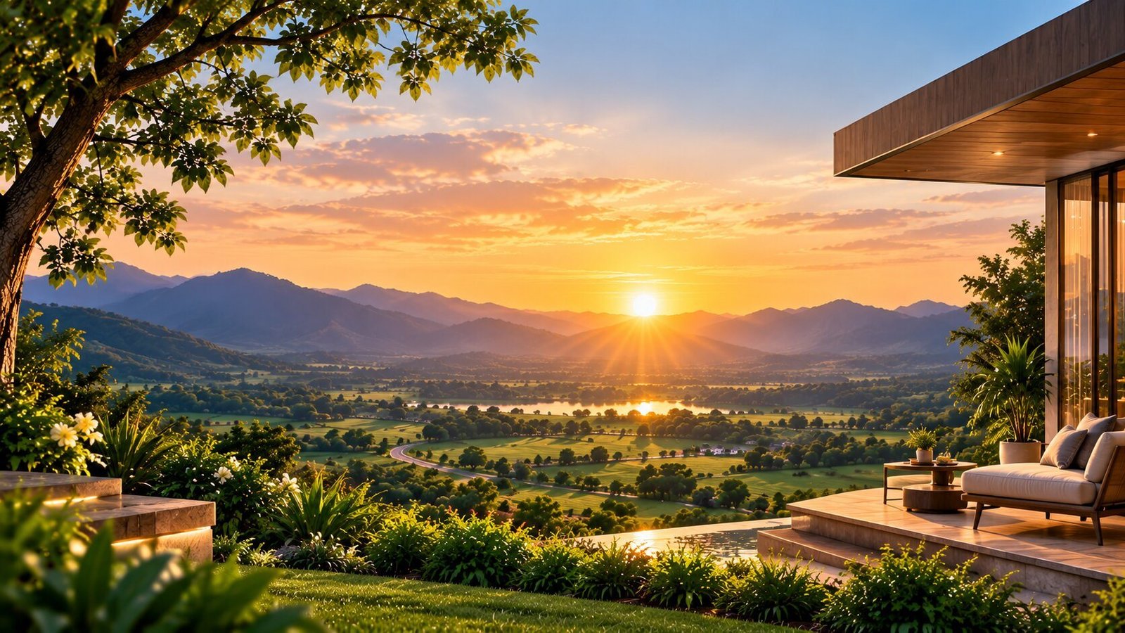 Sunset over open land and hills