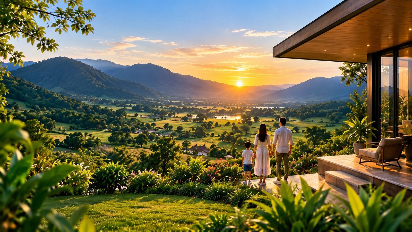 A family watching the sunset over green valleys from the terrace of their home