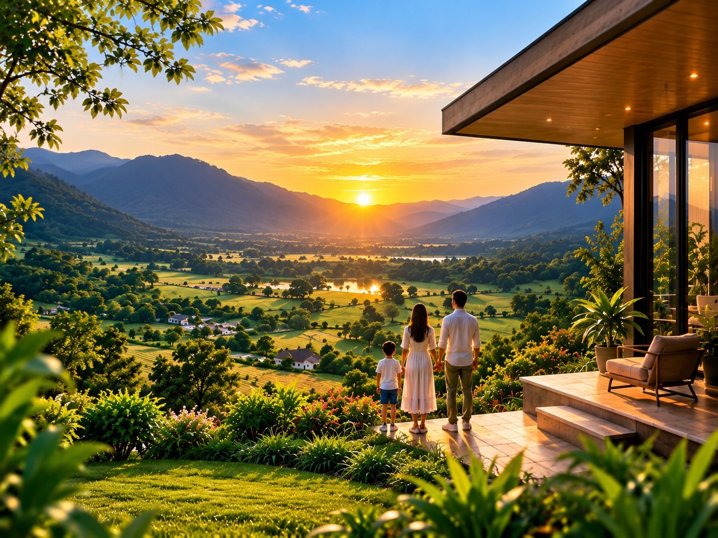 A family looking out over a green valley at sunset