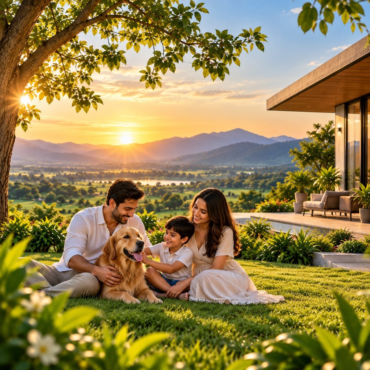 A family relaxing on the lawn with their dog at sunset
