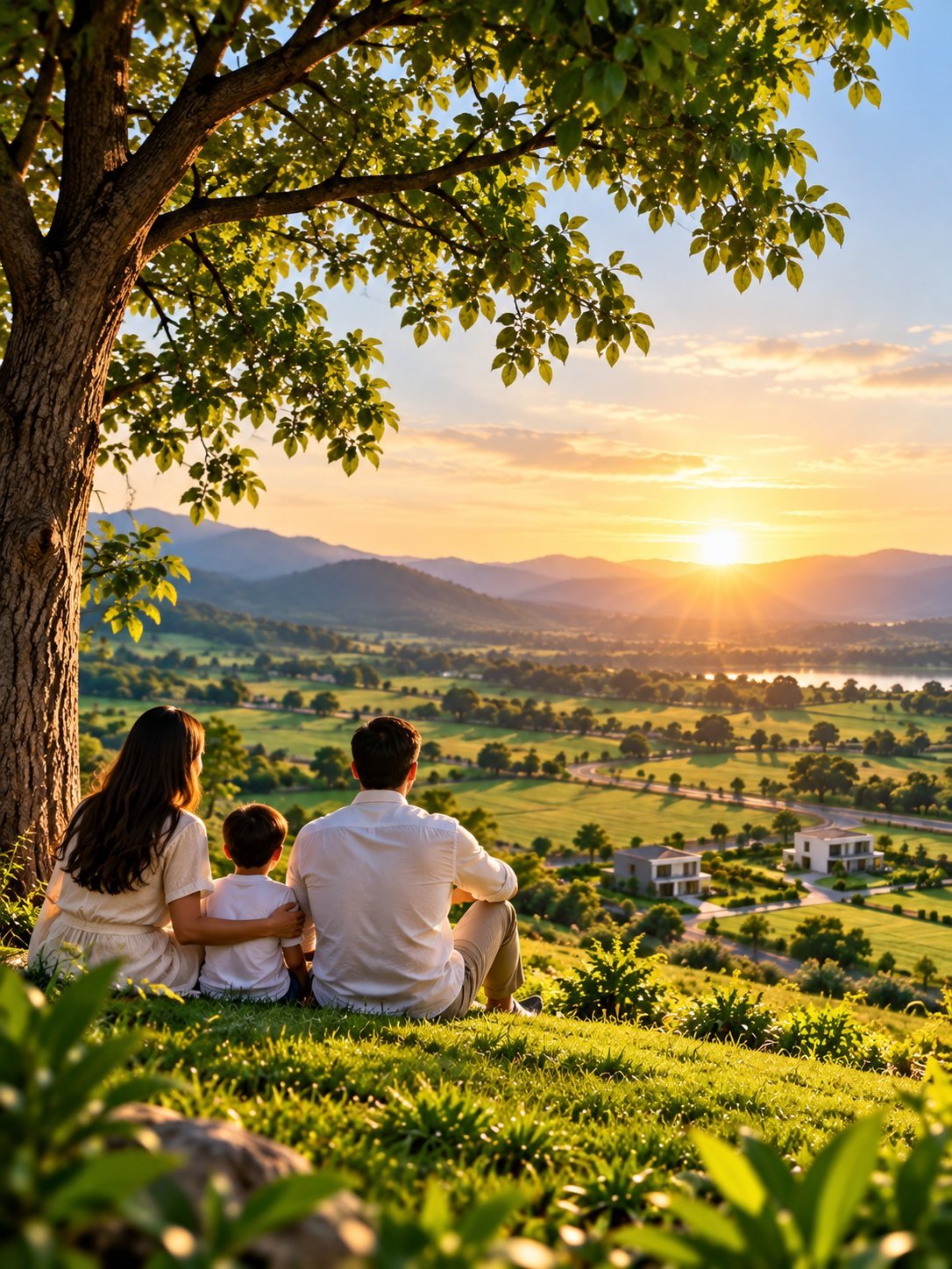 A family sitting under a tree, looking out over farmland and new homes at sunset