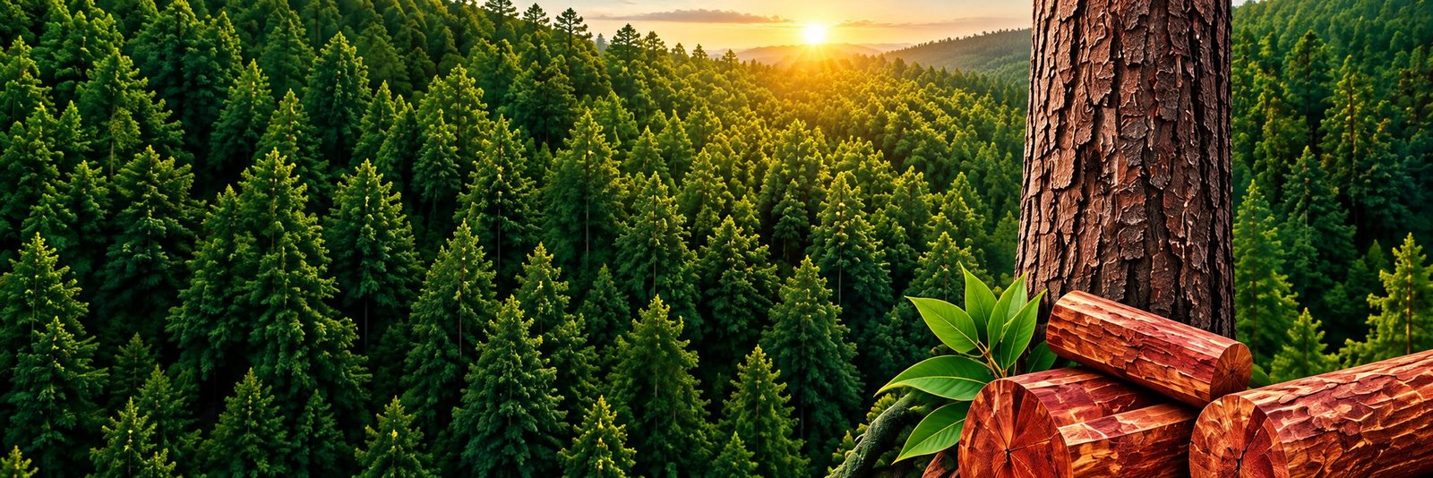 Dense green forest at sunrise with a red sandalwood trunk and cut logs